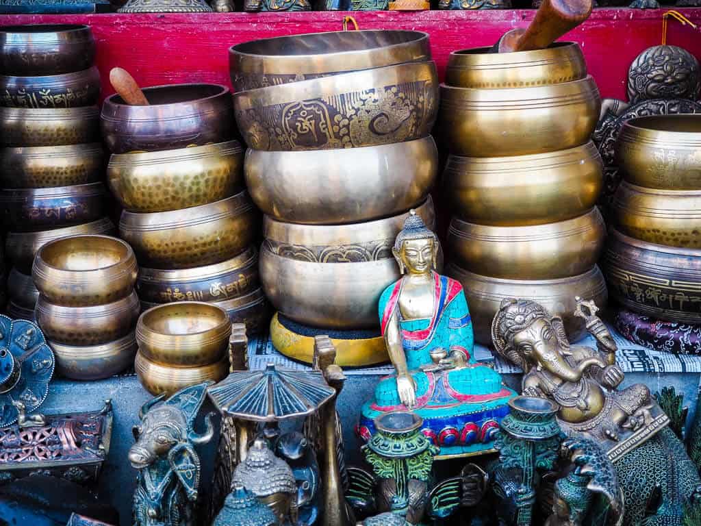 Tibetan singing bowls next to Boudha Stupa