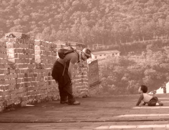 Meeting a local on the great wall of china.