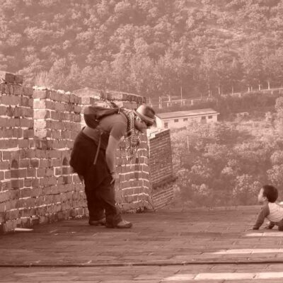 Meeting a local on the great wall of china.
