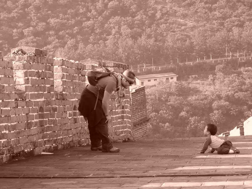 Meeting a local on the great wall of china.